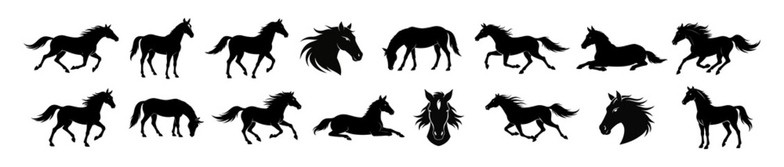 Black Silhouettes of Horses in Various Poses Isolated on White Background. Concept of Equine Illustrations, Wild Mustangs, Equestrian Icons, Farm Animals, Minimalist Design Elements.