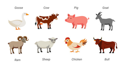 Cute farm animals collection featuring goose, cow, pig, goat, ram, sheep, chicken, and bull. Concept of barnyard creatures, domestic animals, kids illustrations, and farm life. Design elements.