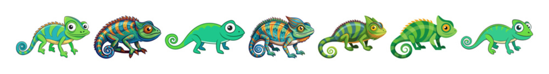 Fototapeta premium Set of colorful cartoon chameleons isolated on a white background. Concepts of reptiles, cute animals, jungle creatures, and playful illustrations. Perfect for children's designs, prints.