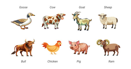 Obraz premium Set of farm animals including goose, cow, goat, sheep, bull, chicken, pig, and ram isolated on a white background. Concept of livestock, farm life, cute cartoon animals. Print, icon, design elements.