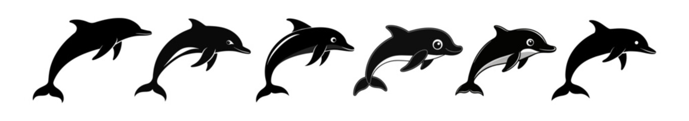 Collection of black dolphin silhouettes and cartoon illustrations on white background. Concept of marine life, aquatic animals, playful dolphins, ocean creatures. Print, icon, design element.