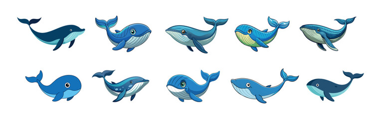 Set of cute cartoon whales isolated on a white background. Concept of marine animals, adorable sea creatures, ocean life. Icon, illustration, design elements