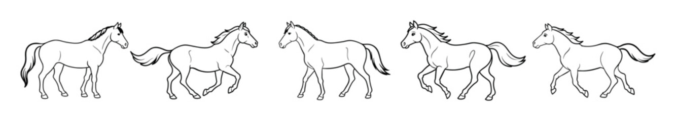 Black and white outline illustrations of five walking horses isolated on a white background. Concept of horse illustrations, equine motion, animal drawings, and movement sequences. Coloring page