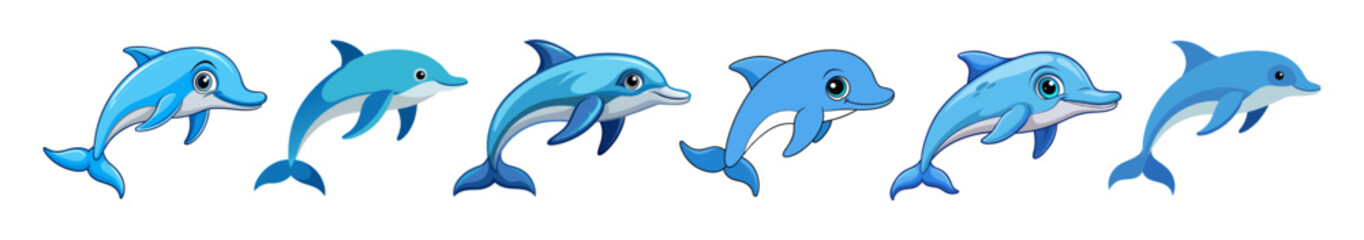 Naklejka premium Set of cartoon dolphins isolated on a white background. Concept of marine life illustration, cute sea animals, underwater creatures. Perfect for print, icons, and design elements.