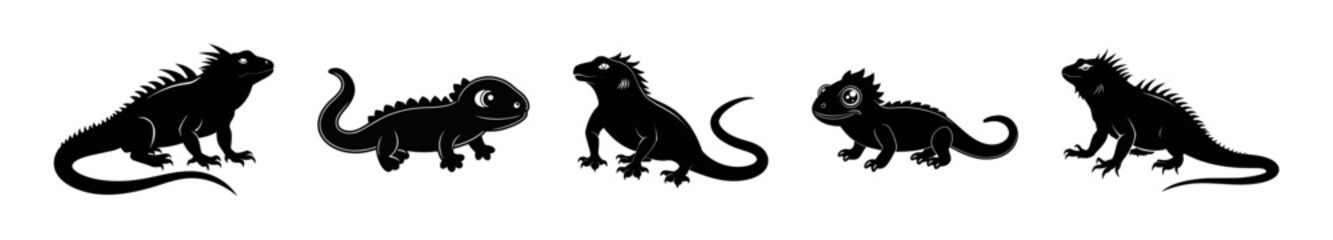 Obraz premium Black silhouette of iguanas isolated on a white background. Concept of reptile illustration, exotic animals, minimalist style, wild creatures. Print, icon, design element