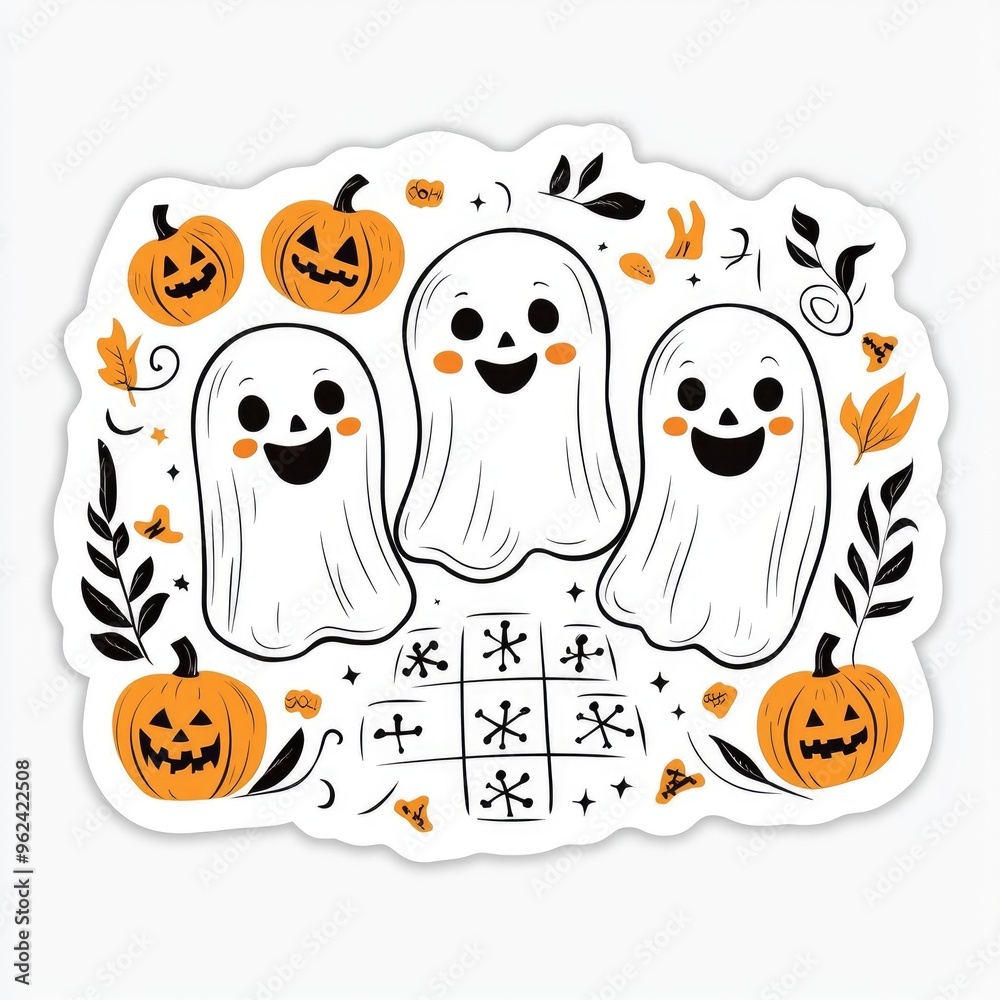 Canvas Prints three friendly ghosts with pumpkins and a tic-tac-toe board