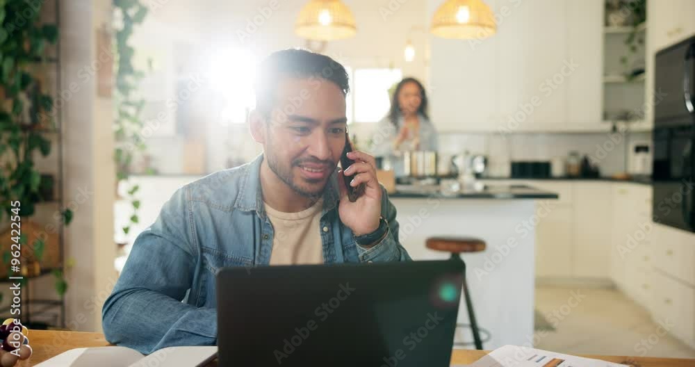 Sticker Man, phone call and laptop for work from home, talking and entrepreneur for business opportunity. Male person, speaking and website for startup budget discussion, proposal and contact investor client