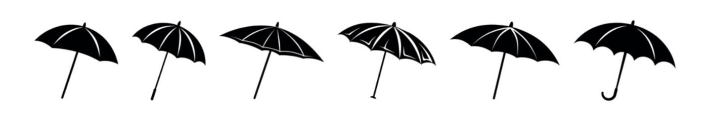 Set of black silhouette umbrellas isolated on a white background. Concept of rainy weather, umbrella illustration, protection, minimalist style. Print, icon, design element