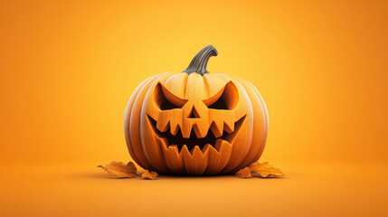 A menacing jack-o'-lantern carved with an evil grin, set against a bold orange background, symbolizing Halloween.