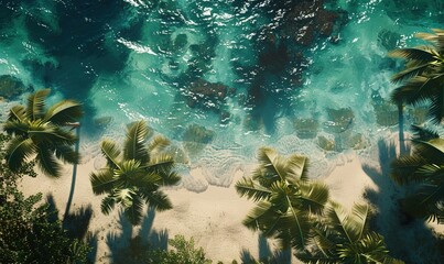 calm summer seascape with hills and coconut trees with waves and beach sand Generate AI