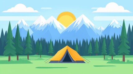 Dive into nature with vibrant vector art, featuring a cozy tent set against stunning mountains and lush greenery.