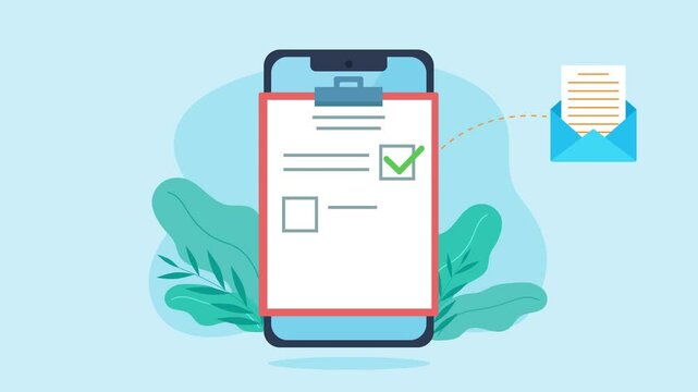 Animation showing a mobile phone on the screen of which a test appears. When the checkers are correctly unchecked, icons appear: email, document, gears. Flat design style video clip.