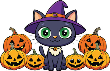 Black cat background with pumpkins and witch hat - Halloween Background illustration 