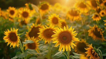 Bright Yellow Sunflowers in a Field During Sunset