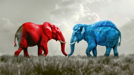 Obraz premium Red and Blue Elephants Facing Each Other in a Grassy Field