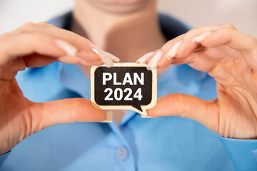 Paper plate, marker, diagram, chart and office tools. Text PLAN 2024