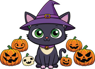 Black cat background with pumpkins and witch hat - Halloween Background illustration 