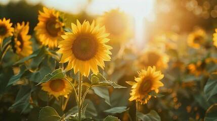 Fototapeta premium Sunlit Sunflower Field with Golden Glow