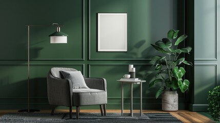 Green living room wall with gray chair, lamp table, and poster.