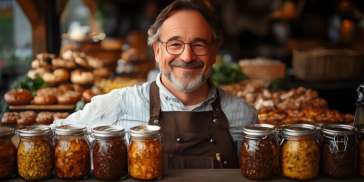 A charming farmer's market scene featuring a friendly middle-aged man with glasses, smiling warmly at the viewer. He stands behind a rustic wooden table filled with an array of colorful jars, each con