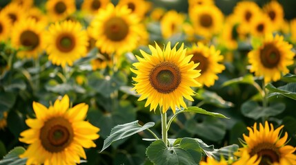 A Single Sunflower in a Field of Yellow Blooms