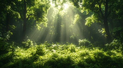 Fototapeta premium Sunlight streams through a lush green forest, illuminating the undergrowth in a radiant glow.