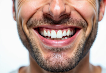 Fototapeta premium Close-up of a man's lips and teeth in a dental ad, showcasing a bright, clean smile against a plain white background.