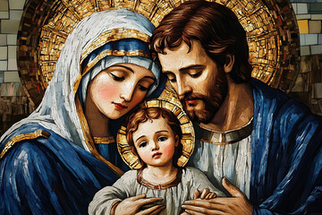 The image of the Holy Family, Jesus, Mary and Joseph in the form of a mosaic