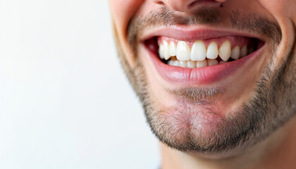 Fototapeta premium Close-up of a man's lips and teeth in a dental ad, showcasing a bright, clean smile against a plain white background.