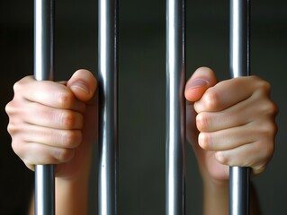 Two young female hands are shown grasping a set of metal bars in a jail cell. Woman grips metal bars. 