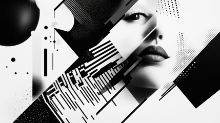 Bold black and white typography poster, sharp geometric fonts intertwined with abstract futuristic elements, high contrast, minimal design