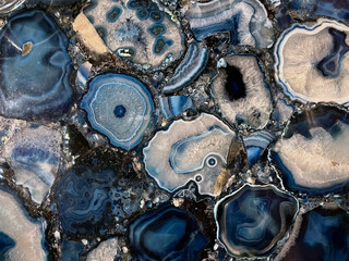 Cut agate chalcedony minerals embedded in resin