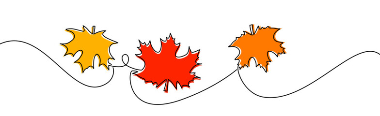 Vector illustration of three vibrant maple leaves connected by a flowing line, ideal for autumn-themed designs.