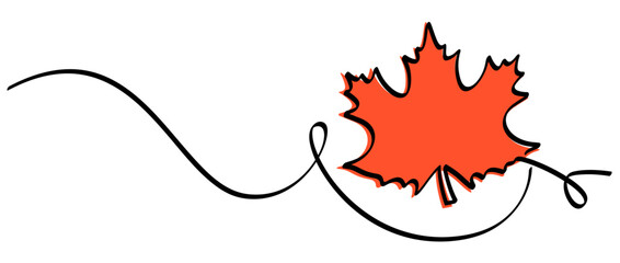 Fototapeta premium An orange maple leaf outlined in black, connected to a flowing black line. Perfect for autumn-themed designs and minimalist projects.