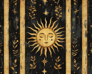 Black and gold vintage backgrounds, sun and star motifs with bold stripes and organic plant details, ideal for boho-style typography, covers, and design