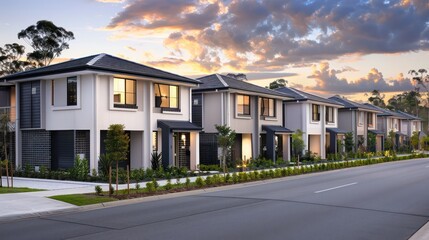 A row of modern houses at sunset, showcasing contemporary architecture and landscaped surroundings.