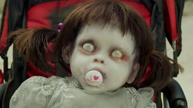 Zombie doll sucking on pacifier - close up