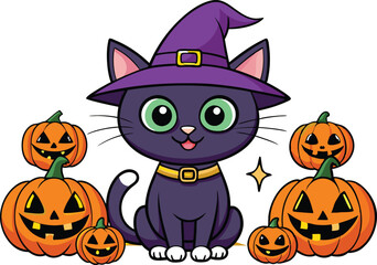 Black cat background with pumpkins and witch hat - Halloween Background illustration 