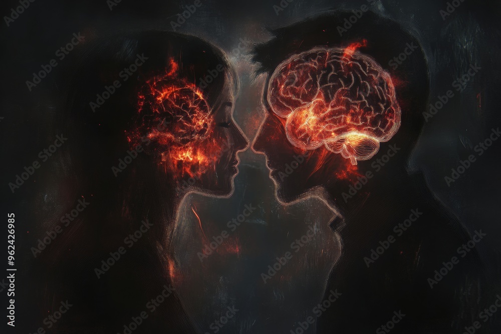 Poster Mental circuits Basal ganglia Fiery couple facing each other with glowing brains illustrating intense connection passion and the fiery exchange of thoughts in a dramatic setting