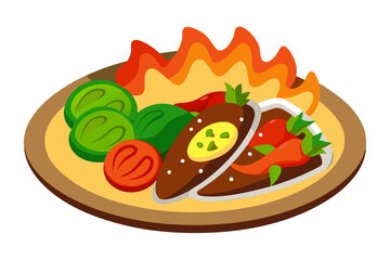 Sizzling Mexican Fajita Platter Vector Illustration Beef, Bell Peppers, and Tortillas