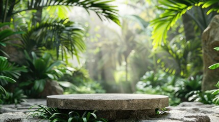 Stone podium in tropical garden with blurred banana leaf backdrop. Pedestal in jungle setting.