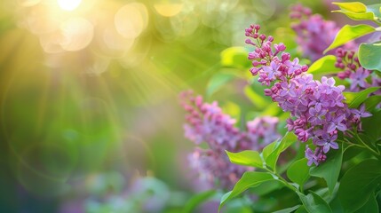 Blooming Lilac Flowers in Soft Sunlight with Green Leaves