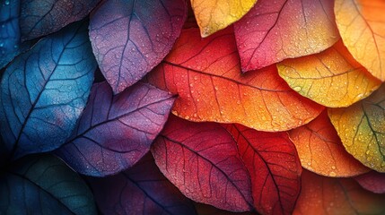 Obraz premium Vibrant autumn leaves arranged in a colorful pattern with raindrops on their surface.
