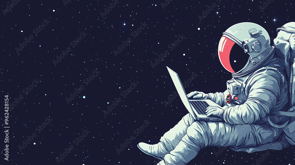 Wall mural Astronaut in space with a laptop. banner, copy space. ai generation. Astronaut. Illustration