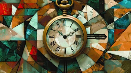 Fototapeta premium Geometric pocket watch fragmented into abstract forms in a Cubist-inspired background