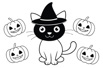 Black cat background with pumpkins and witch hat - Halloween Background illustration 