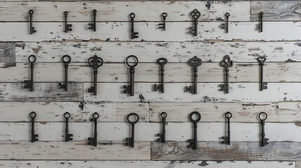 Minimalist wallpaper with sparse antique key arrangement on clean monochromatic wooden backdrop