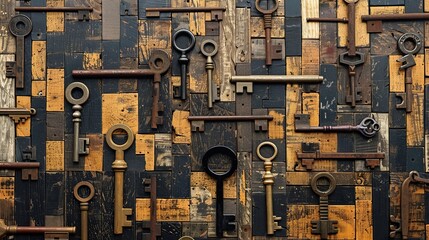 Constructivist backdrop with antique keys arranged in stark geometric patterns on industrial surface