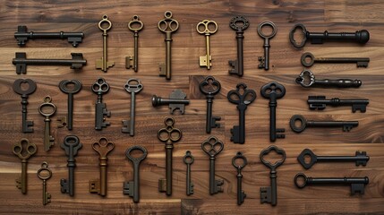 Bauhaus wallpaper with precise geometric arrangement of keys on clean wooden backdrop