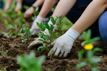 Woman planting a young tree in a garden
